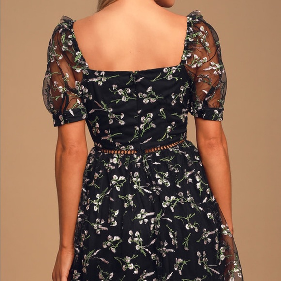 Black Floral Embroidered Short Sleeve Skater Dress - Picture 4 of 6